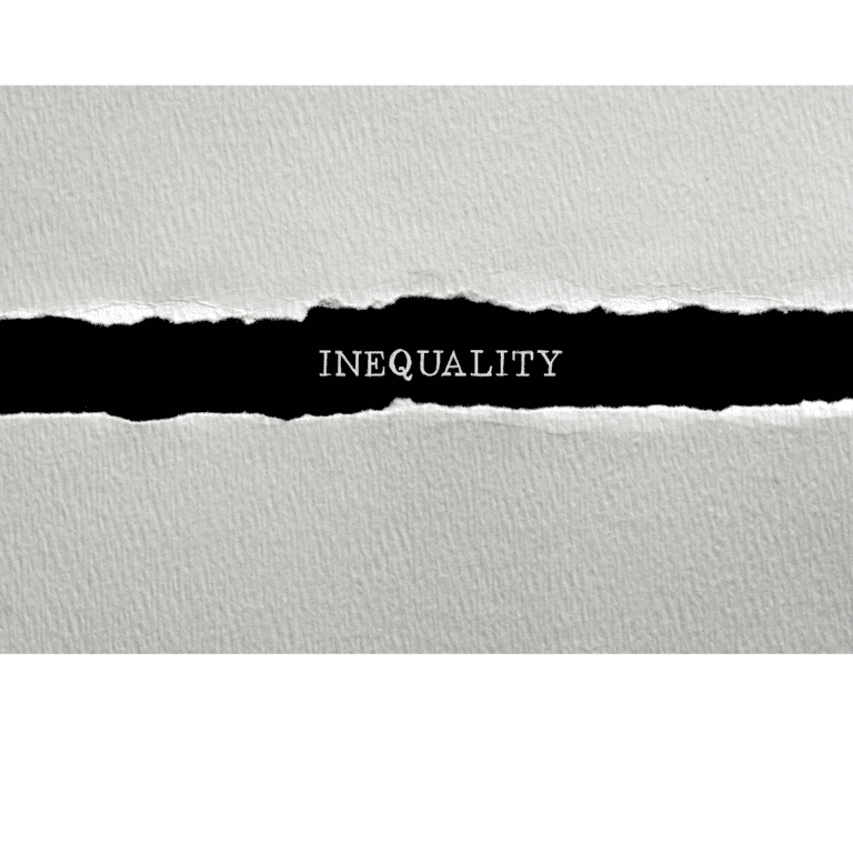 Light grey background with black strip across middle with the typed word INEQUALITY. Equality gives everyone opportunity to thrive.