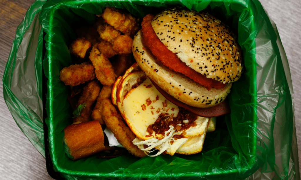 Large amounts of food still edible but thrown into the bin.