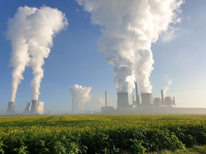 A green field in foreground with many large smoke stacks billowing white smoke on horizon. 