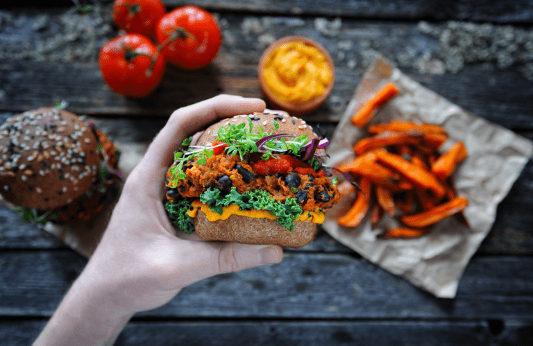 Plant-based foods such as sweet potato and black bean burger