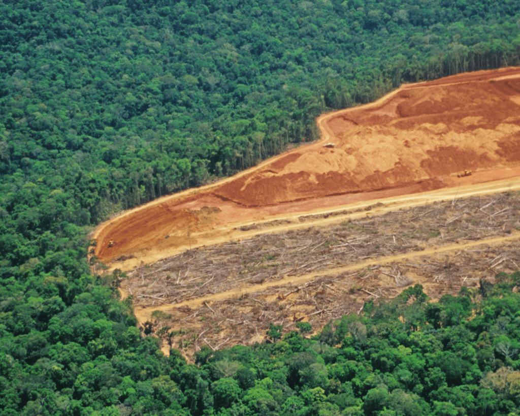 Aerial view of vast areas of the brown earth of deforestation in contrast to surround remaining green forest.