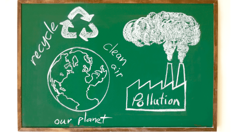 A green blackboard with white chalk drawings explaining climate change: our planet, clean air, factory with pollution, and a recycle symbol.