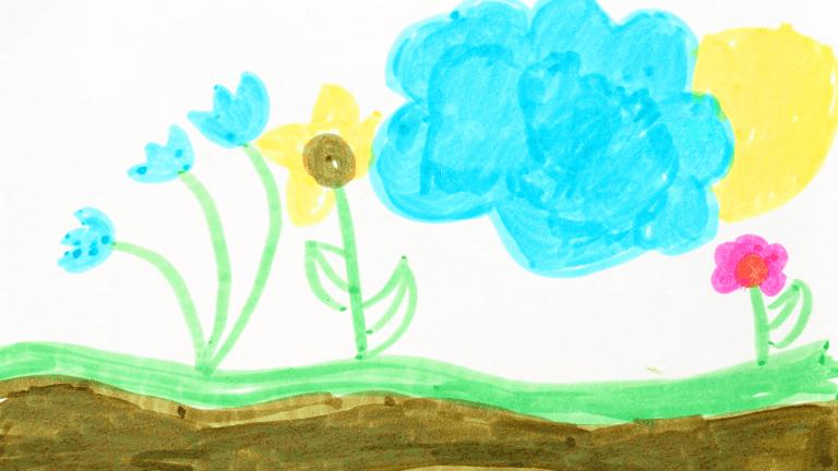 Child's drawing of colourful flowers in a garden