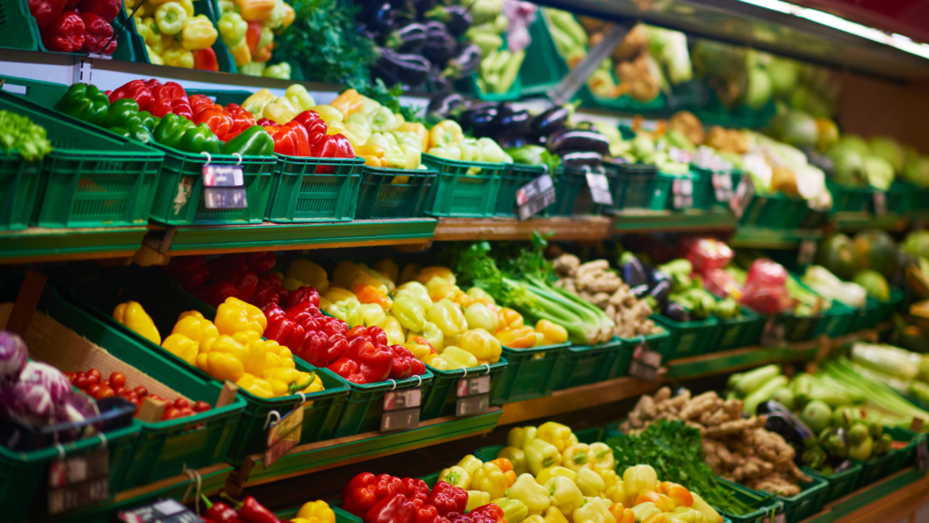 supermarket shelves stocked with a range of colourful vegetables in green trays