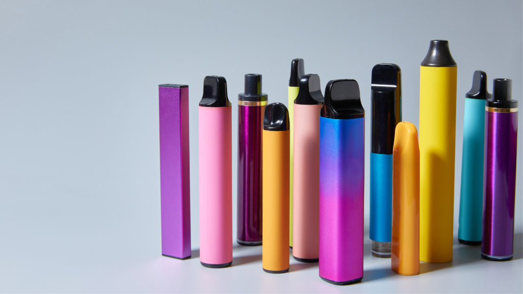 Multiple colourful vapes which are commonly found in clean-ups