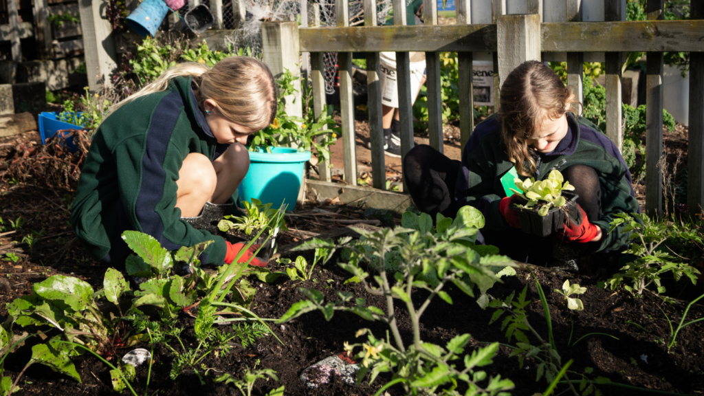 Children planting and tending to a vegetable garden