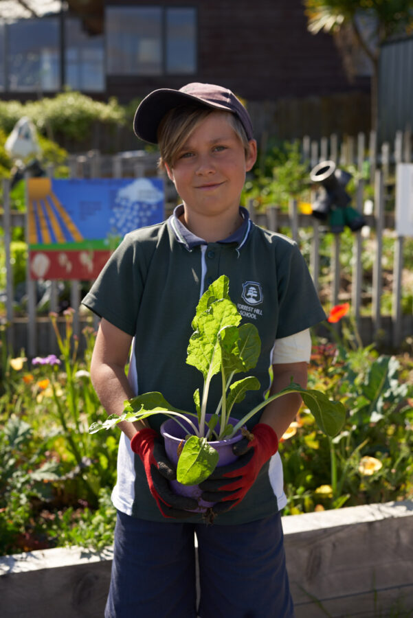 A young school boy holding a vegetable plant he had grown