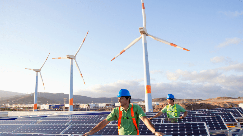 Men working in the renewable sectors of solar and wind farms