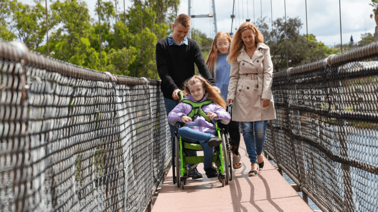 Family crossing bridge