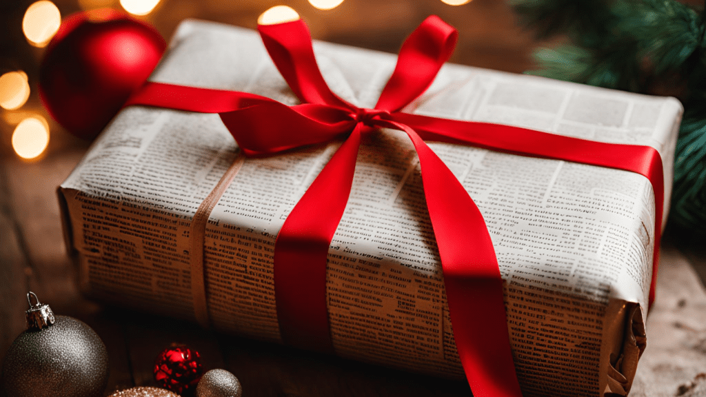 A gift wrapped in newspaper and a red ribbon