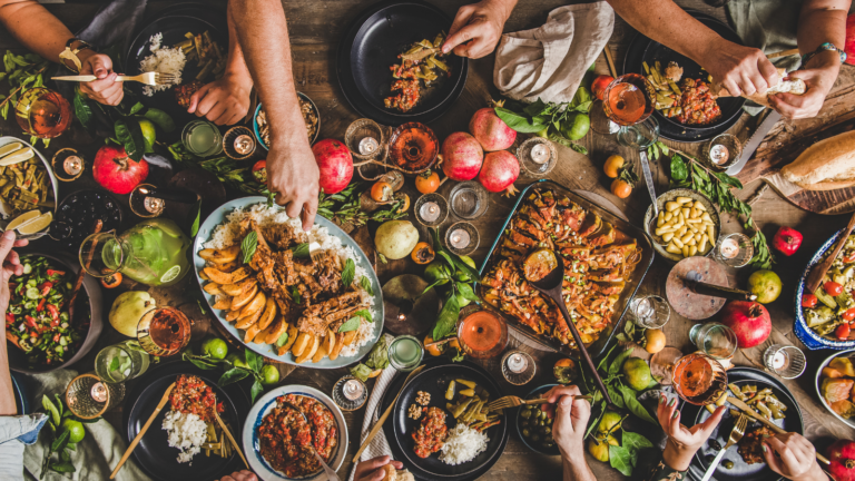 Flat lay of people feasting