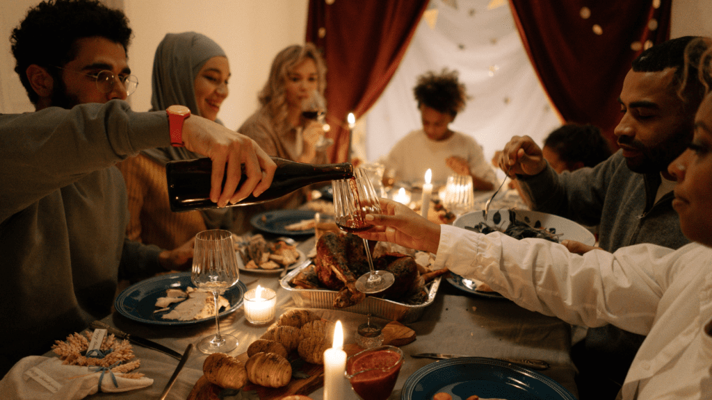 A group of people enjoying a meal together.