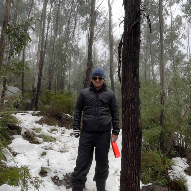 A man standing in a snowy forest