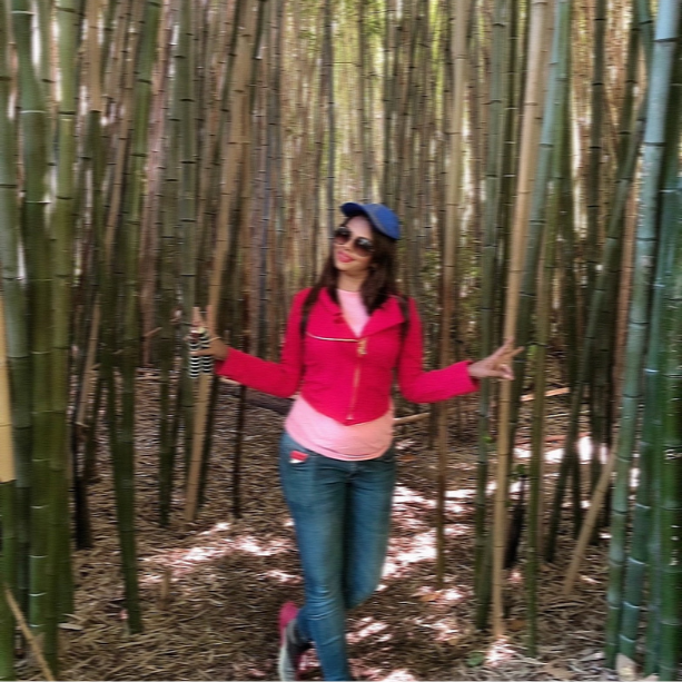 A woman in a pink jacket standing in a bamboo forest