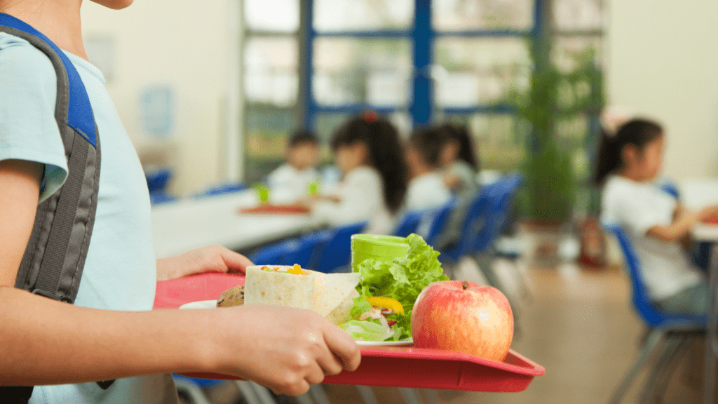 School girl holding food tray in school cafeteria