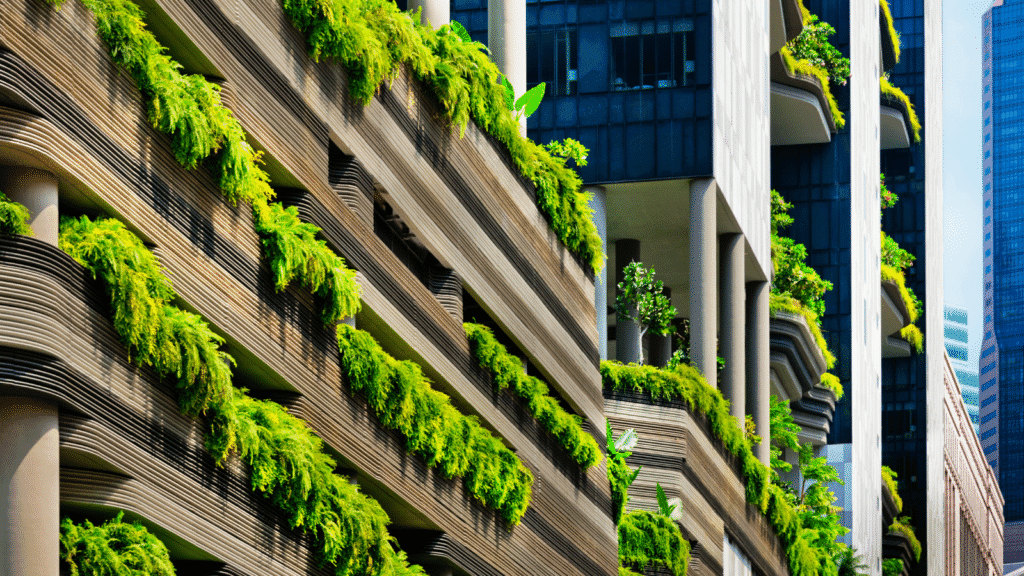 Architecture with green plants terraced in Singapore city